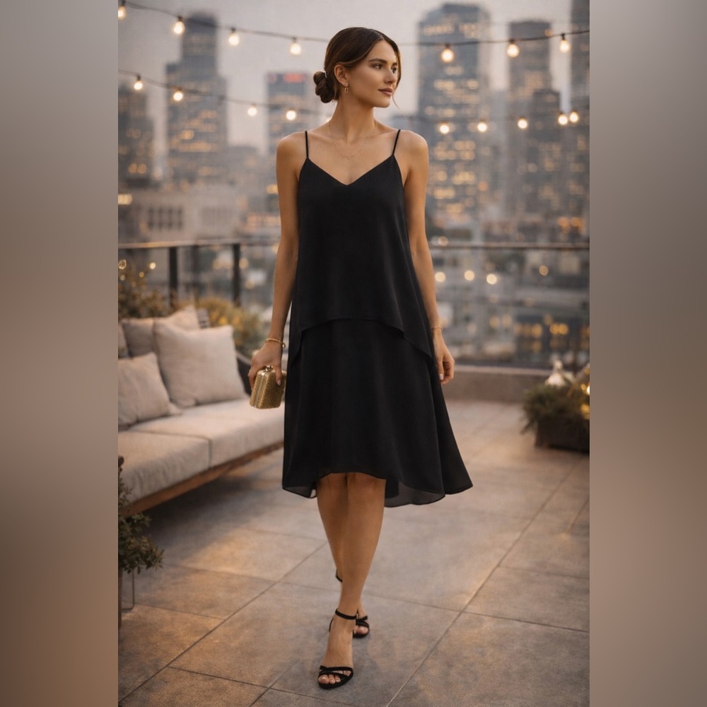 WHBM Ruffle Drama Dress Size 8 Black Layered Draped Cocktail Dress NWT